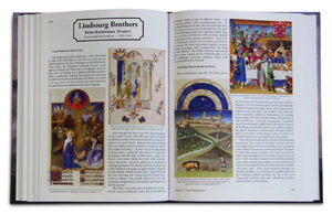 Art history book opened to the Limbourg Brothers' pages.